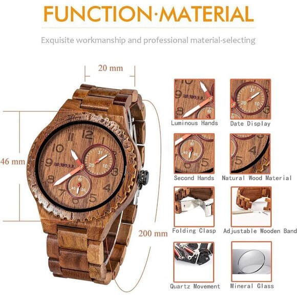 ✨ Bewell Analog Quartz Men Brown Retro Handcraft Lightweight Wooden Wristwatch - Picture 5 of 6